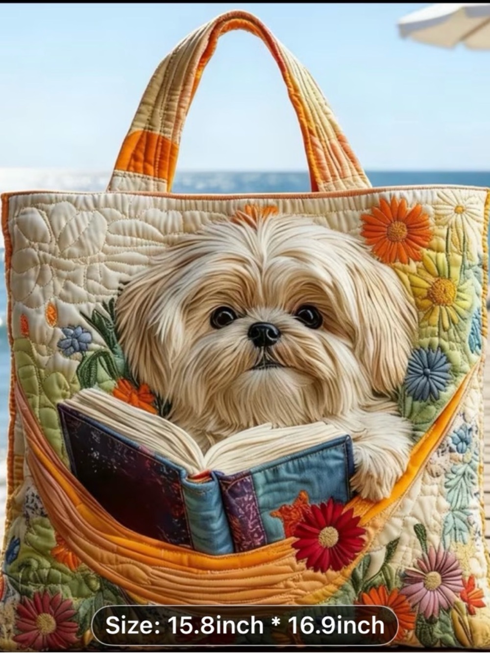 Quilted Dog Tote Bag with Floral Dog Print - Orange